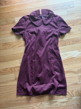 Peter Pan Collar Short Sleeve Dress in Burgundy Polka Dot